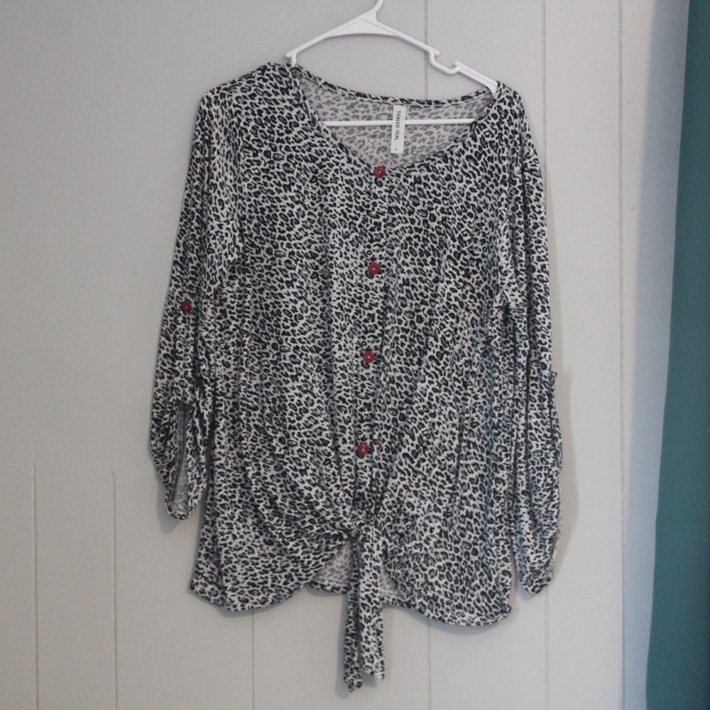 tie sleeve, tie front hem animal print blouse